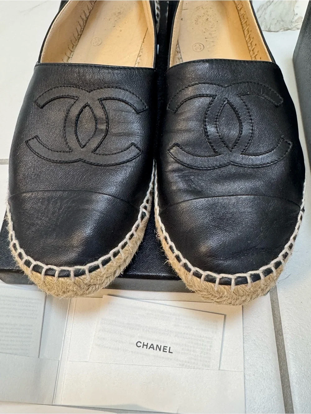 CHANEL Black Leather Logo Espadrille Flats